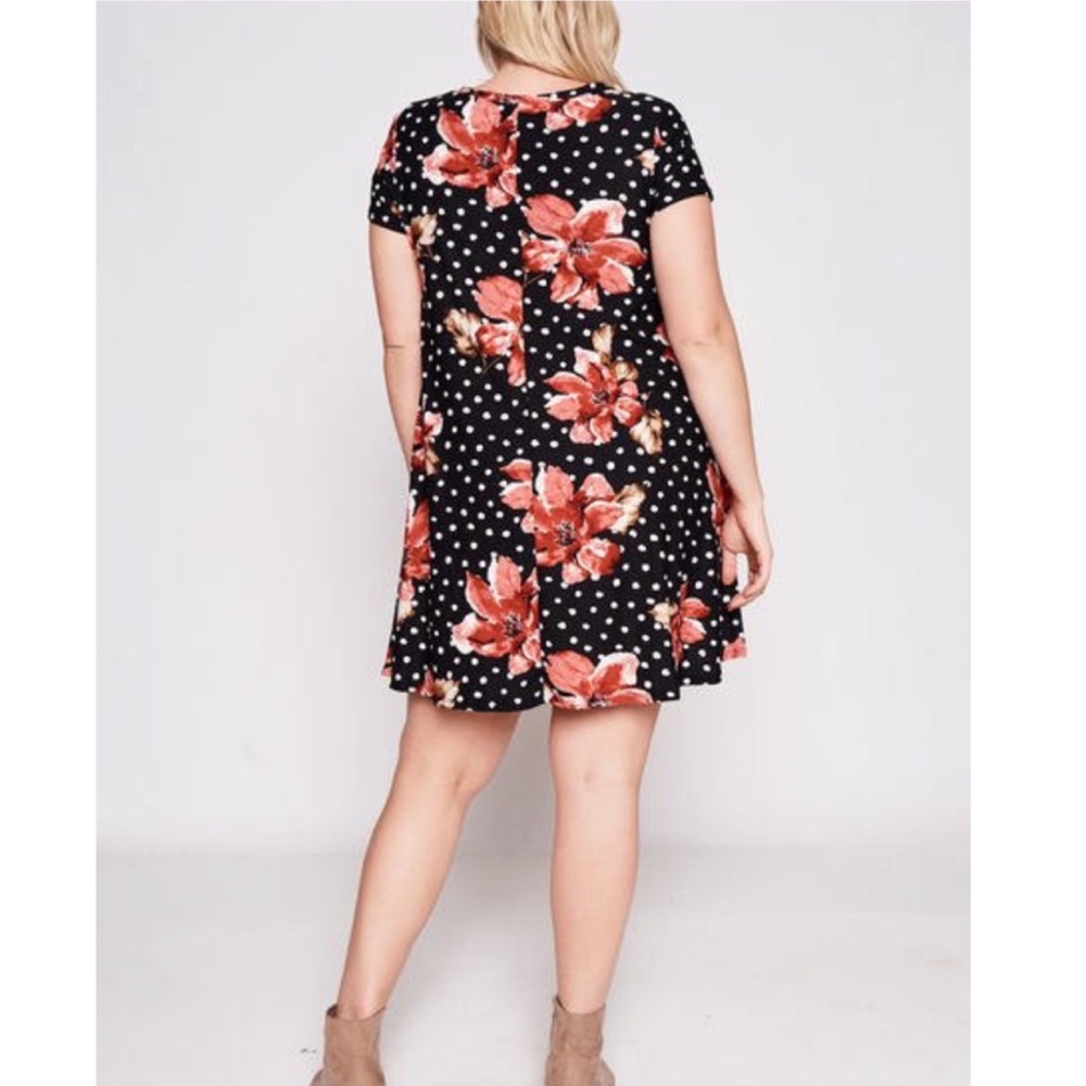 1X-3X Flowers and Polka Swing Dress - Picture 2 of 3